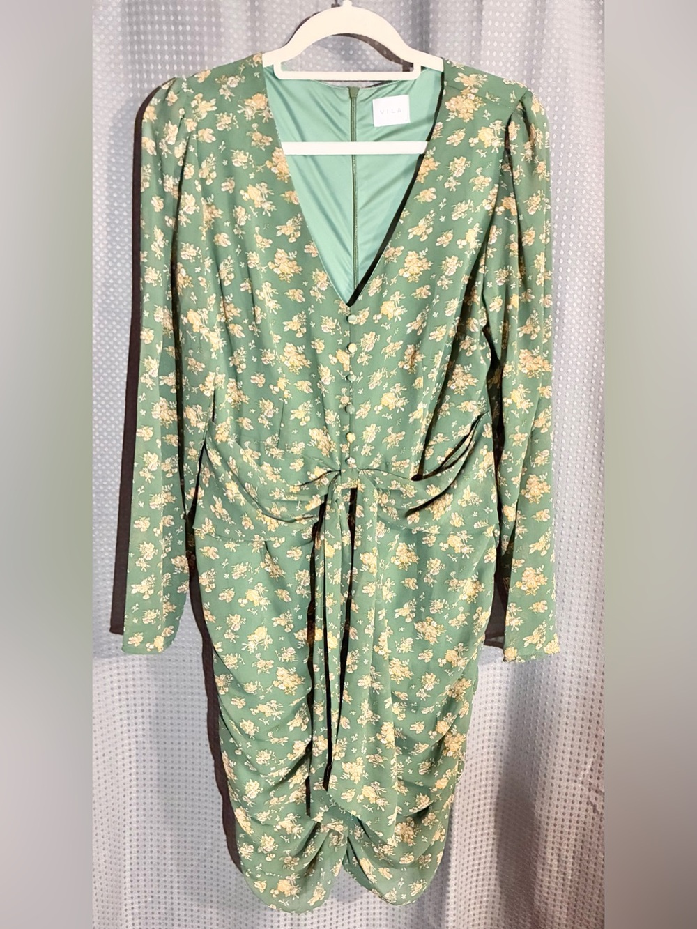 VILA Green Floral Twist-Front Long Sleeve Dress Sz 40-8 Ruched Skirt Back Zip